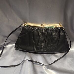 Vintage Canadian Made DURABILT Leather Black Shoulder Clutch Bag Gold Accents